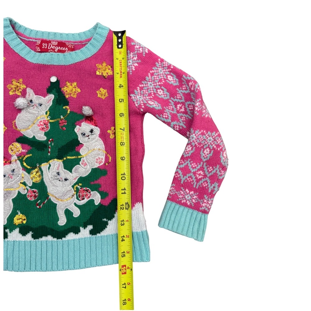 Girls Pink Kitten Christmas Tree Ugly Sweater Sequin XS 6 6X Holiday - Picture 4 of 7